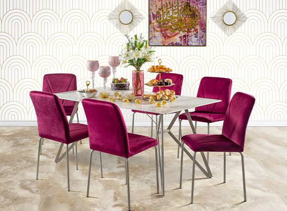 Plush dining room with velvet chairs for Ramadan